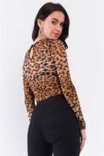 Load image into Gallery viewer, Brown Leopard Print Sheer Mesh Crew Neck Long Sleeve Bodysuit