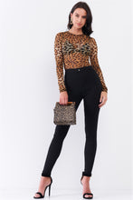 Load image into Gallery viewer, Brown Leopard Print Sheer Mesh Crew Neck Long Sleeve Bodysuit