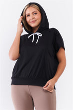 Load image into Gallery viewer, Black Short Wing Sleeve Relaxed Fit White Draw String Tie Hood Detail Top