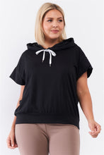 Load image into Gallery viewer, Black Short Wing Sleeve Relaxed Fit White Draw String Tie Hood Detail Top