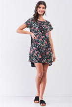Load image into Gallery viewer, Black Multicolor Floral Print Pleated Back Detail Relaxed Mini Dress