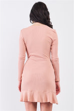 Load image into Gallery viewer, Tan Blush Ribbed Deep Plunge V-neck Asymmetrical Wrap Flare Hem Dress