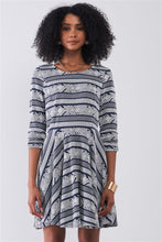 Load image into Gallery viewer, Navy &amp; White Multi Print Round Neck 3/4 Sleeve A-line Mini Dress