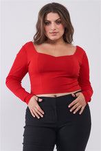 Load image into Gallery viewer, Plus Size Crimson Red Long Mesh Sleeve Sweetheart Neck Detail Structured Crop Top