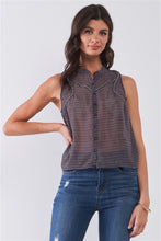 Load image into Gallery viewer, Purple &amp; Multi Sleeveless Mock Neck Front Button Down Sheer Blouse Top