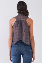 Load image into Gallery viewer, Purple &amp; Multi Sleeveless Mock Neck Front Button Down Sheer Blouse Top