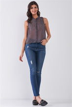 Load image into Gallery viewer, Purple &amp; Multi Sleeveless Mock Neck Front Button Down Sheer Blouse Top