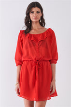 Load image into Gallery viewer, Flame Red Boat Neck Ruffle Collar Midi Sleeve Self-tie Waist Front Button Down Mini Dress