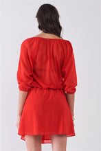 Load image into Gallery viewer, Flame Red Boat Neck Ruffle Collar Midi Sleeve Self-tie Waist Front Button Down Mini Dress