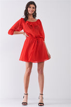 Load image into Gallery viewer, Flame Red Boat Neck Ruffle Collar Midi Sleeve Self-tie Waist Front Button Down Mini Dress