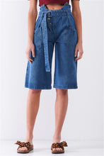 Load image into Gallery viewer, Mid Blue Denim Front Cut-out High-waist Buckle Self-tie Belt Detail Midi Flare Jean Pants