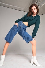 Load image into Gallery viewer, Mid Blue Denim Front Cut-out High-waist Buckle Self-tie Belt Detail Midi Flare Jean Pants