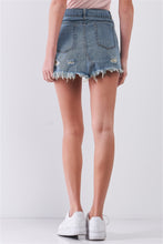 Load image into Gallery viewer, Medium Blue Washed Denim Ripped High Waist Raw Hem Detail Mini Skirt