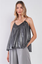 Load image into Gallery viewer, Silver Black Soft V-neck Sleeveless Gathered Loose Fit Top
