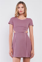 Load image into Gallery viewer, Pink &amp; Black Striped Short Sleeve Cut-out Detail Tight Fit Mini Dress
