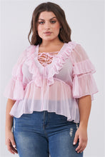 Load image into Gallery viewer, Plus Sheer Mesh Ruffle Lace-up V-neck Detail Wide Sleeve Relaxed Top