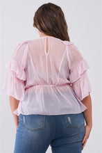 Load image into Gallery viewer, Plus Sheer Mesh Ruffle Lace-up V-neck Detail Wide Sleeve Relaxed Top