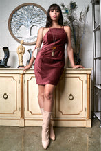 Load image into Gallery viewer, Cranberry Red Corduroy Sleeveless Square Neck Tight Fit Mini Dress