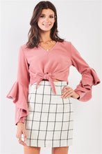 Load image into Gallery viewer, Fuzzy long ruffle sleeve v-neck self-tie front detail cropped top