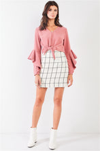 Load image into Gallery viewer, Fuzzy long ruffle sleeve v-neck self-tie front detail cropped top