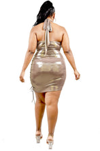 Load image into Gallery viewer, Plus Metallic Cross Wrap Halter Mini Dress