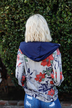 Load image into Gallery viewer, Navy Rust Flower Print Zip-up Contrast Striped Hood Sweater