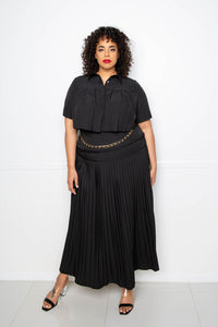 Pleated Cropped Shirt And Maxi Skirt Set