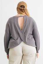 Load image into Gallery viewer, Plus Vintage Denim Waffle Knit Long Sleeve Crossover Back Cut-out Top