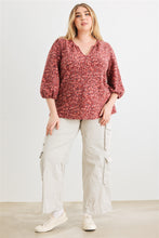 Load image into Gallery viewer, Plus Burgundy Floral V-neck Midi Sleeve Soft To Touch Top