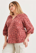 Load image into Gallery viewer, Plus Burgundy Floral V-neck Midi Sleeve Soft To Touch Top