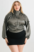 Load image into Gallery viewer, Plus Satin Zip-up Ruched Long Sleeve Cropped Bomber Jacket