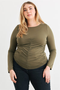 Plus Olive Ruched Long Sleeve Top