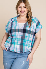 Load image into Gallery viewer, Plus Size Multi Colored Check Printed Casual Collared Short Sleeve Top