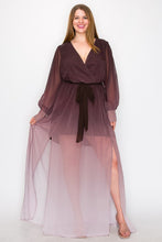 Load image into Gallery viewer, Ombre Chiffon Wrap Front Long Sleeve Tie Waist Slit Front Maxi Dress