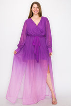 Load image into Gallery viewer, Ombre Chiffon Wrap Front Long Sleeve Tie Waist Slit Front Maxi Dress