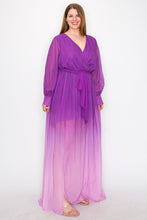 Load image into Gallery viewer, Ombre Chiffon Wrap Front Long Sleeve Tie Waist Slit Front Maxi Dress