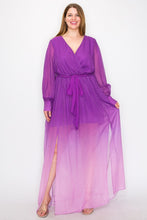 Load image into Gallery viewer, Ombre Chiffon Wrap Front Long Sleeve Tie Waist Slit Front Maxi Dress