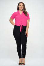 Load image into Gallery viewer, Plus Solid Chiffon Button Down Tie Front Short Sleeve Top
