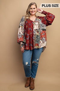 Mixed Print Front Button Long Sleeve Top